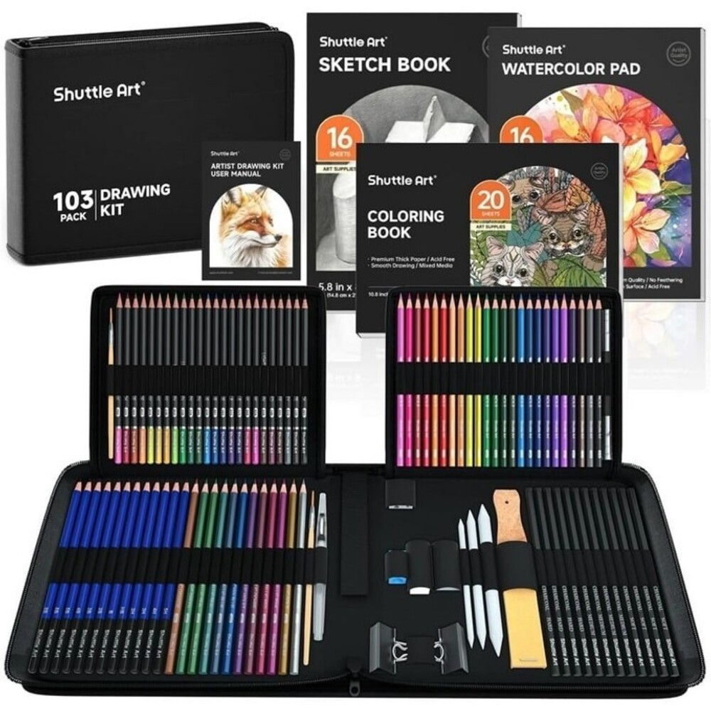 Shuttle Art 103pc Drawing Kit Color Pencils Sketchbook Watercolor Pad & Supplies